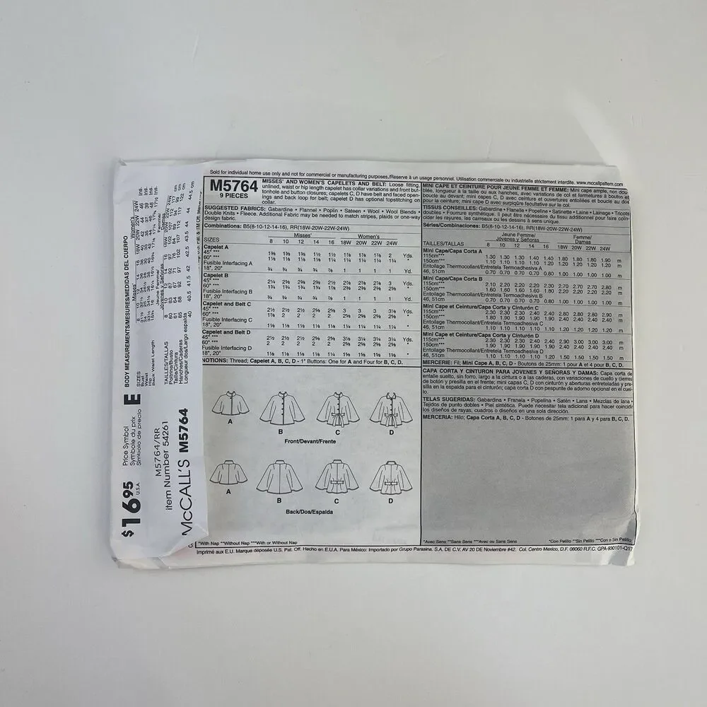 Capelet Belt Loose Jacket Collar Size 18-24w UNCUT Pattern m5764 Vintage Coat